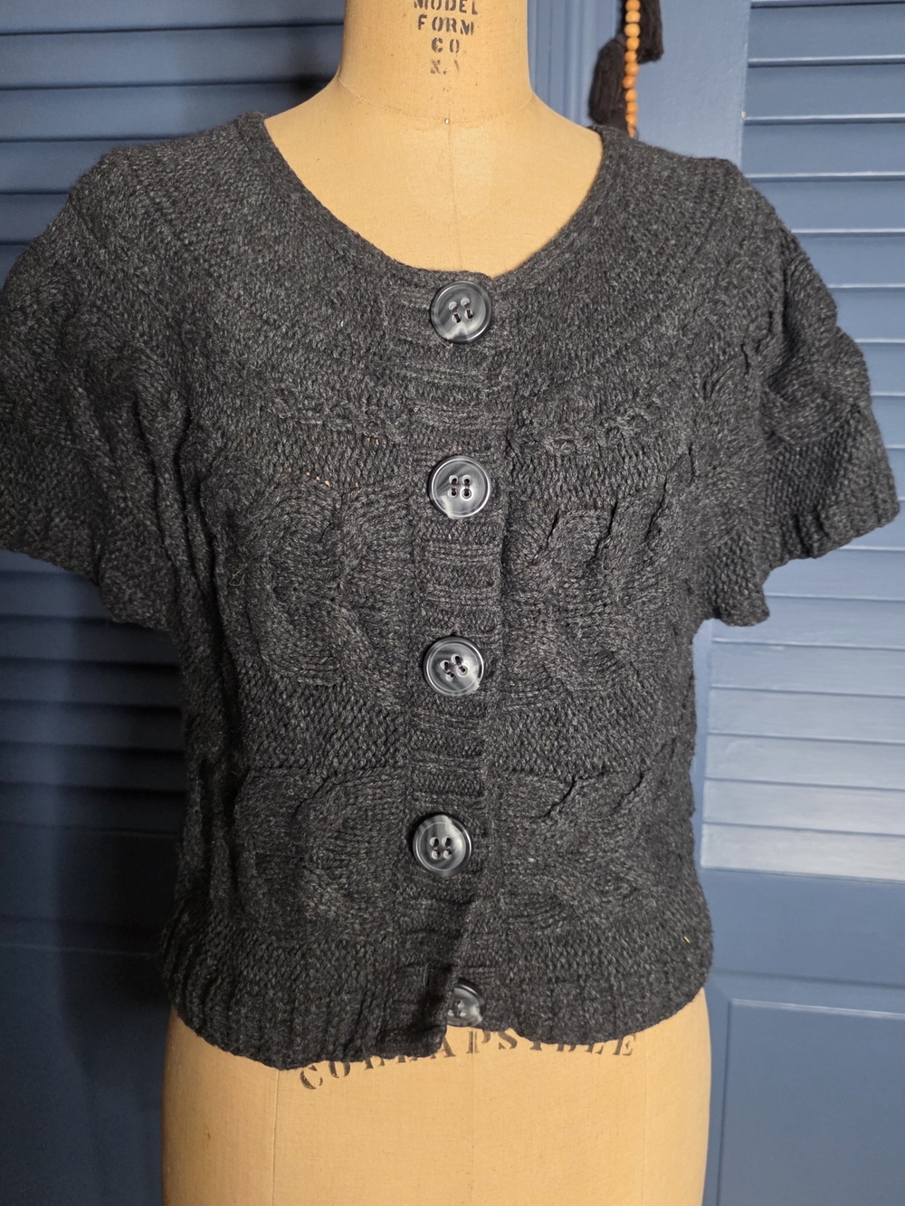 Caslon Black Short-Sleeve Cable Button Cardigan